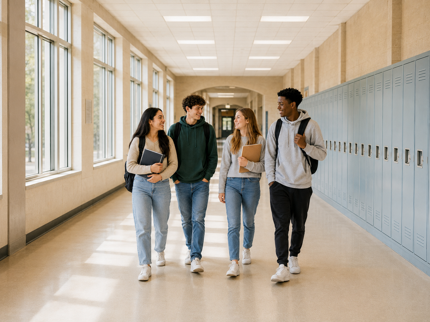 A diverse group of students walking together in a bright school hallway